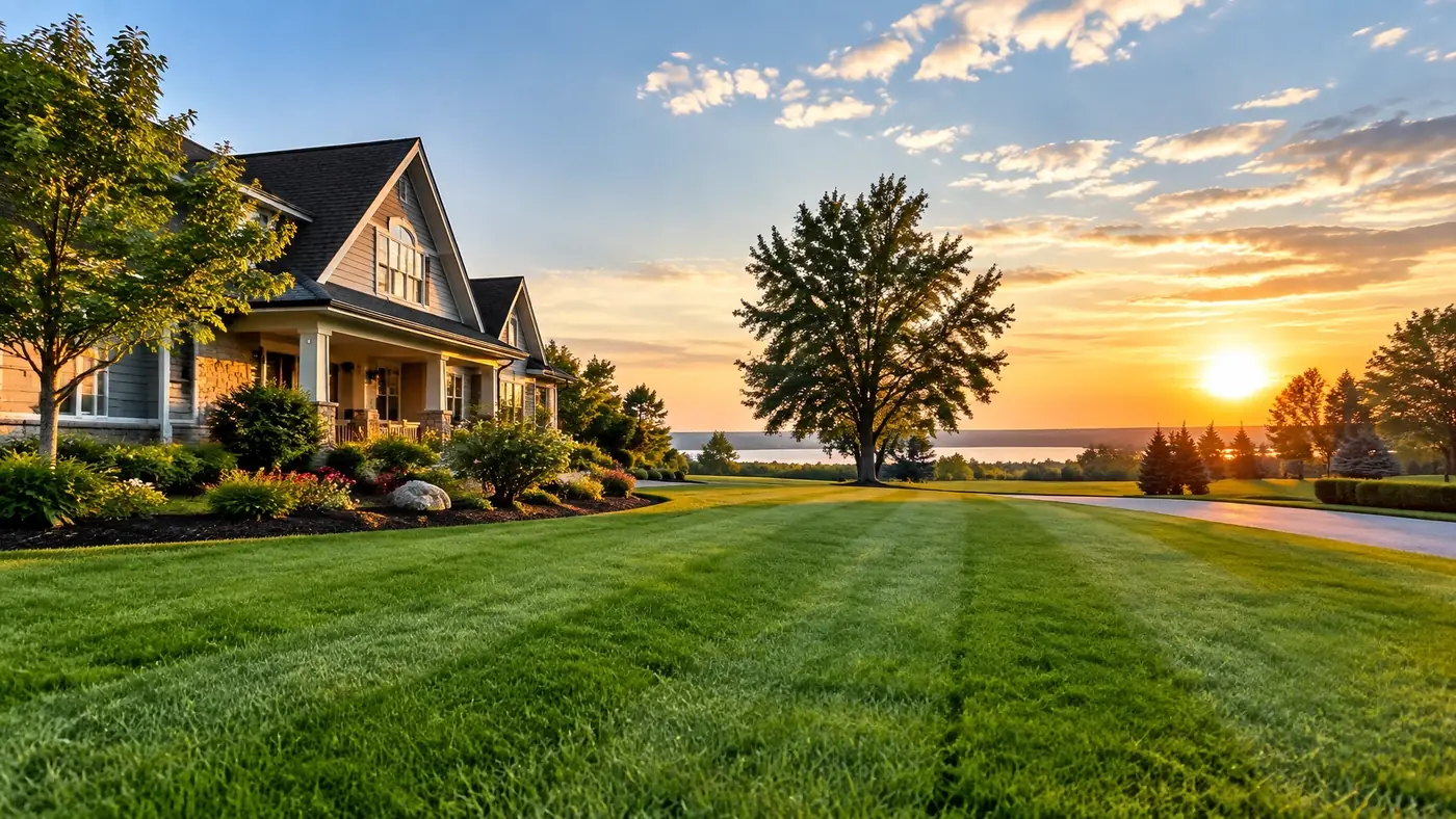 Freshly mowed green lawn with crisp stripes
